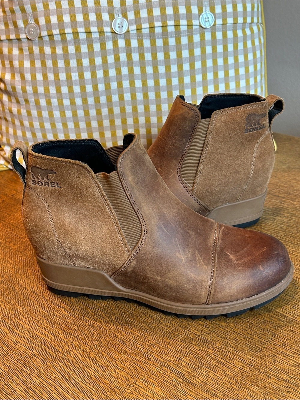 Sorel Evie Pull on Wedge Ankle Boots Women's Size 8 US Brown Leather & Suede - Picture 13 of 15